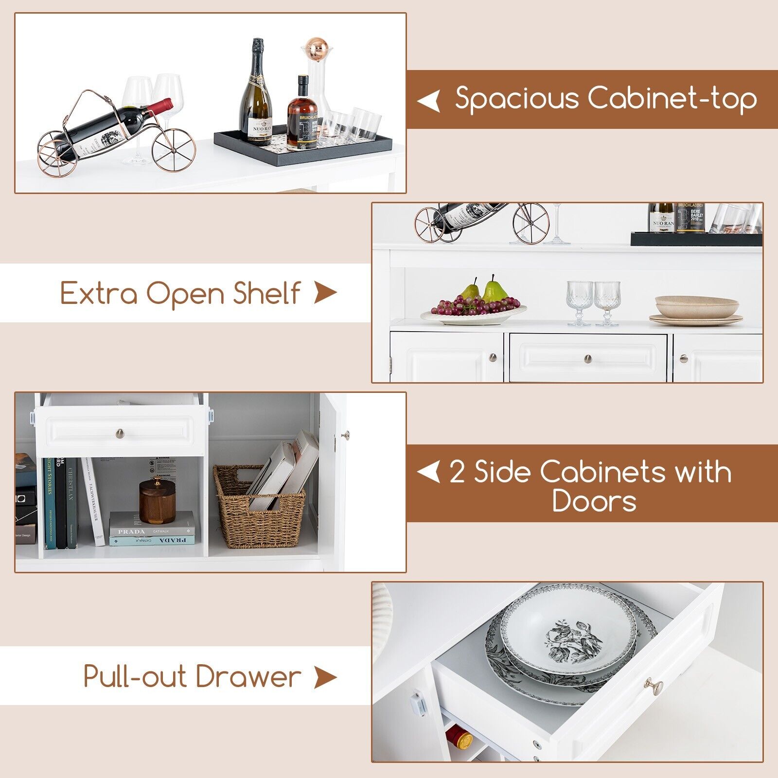 GOFLAME Wooden Storage Cabinet Freestanding Bar Buffet Sideboard with Wine Rack Drawer