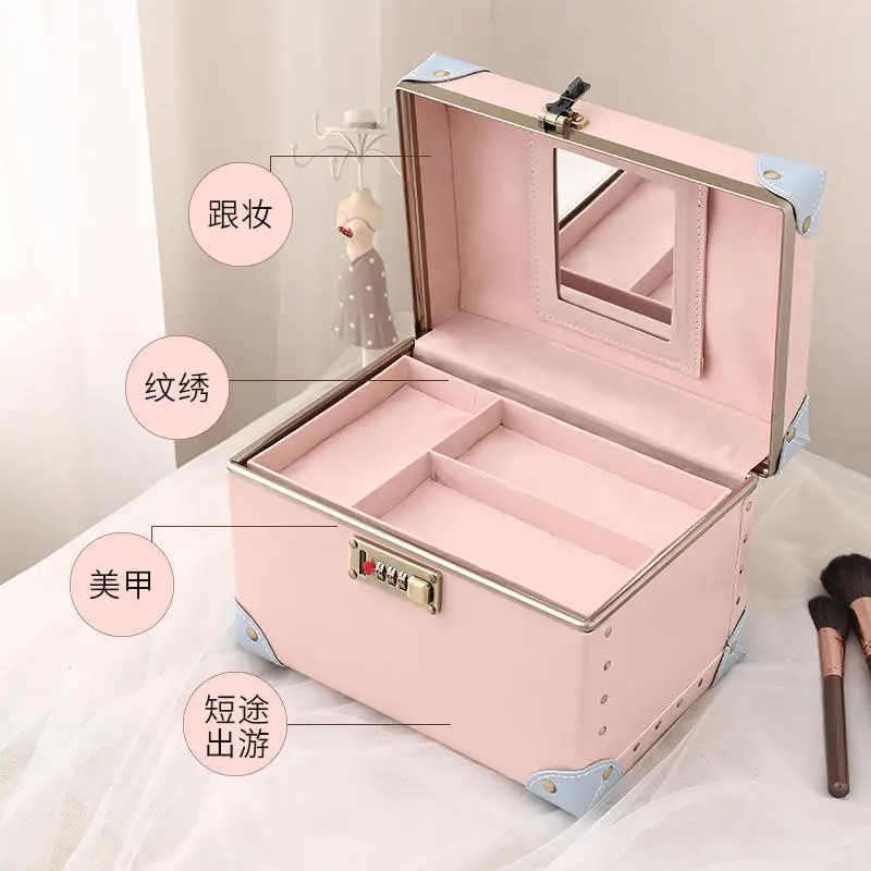 Tragbare Retro-Passwort-Make-up-Box-Aufbewahrung, große Kapazität, doppelter Lederkoffer, niedliche koreanische Version, Kosmetik-Gepäcktasche