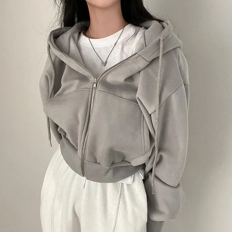 Sudadera con capucha informal para mujer, sudaderas con cremallera Y2K, camisa de manga larga Harajuku lisa, Tops cortos de gran tamaño, chaquetas sueltas para mujer, abrigo