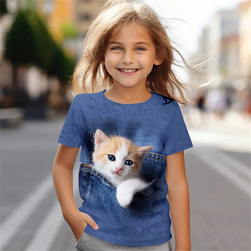 สาวเสื้อผ้า 3D Cat พิมพ์เสื้อผ้าเด็กแขนสั้น Tee Tops ฤดูร้อนเด็กเสื้อผ้าสบายๆเด็ก Top แมวสาว T เสื้อ