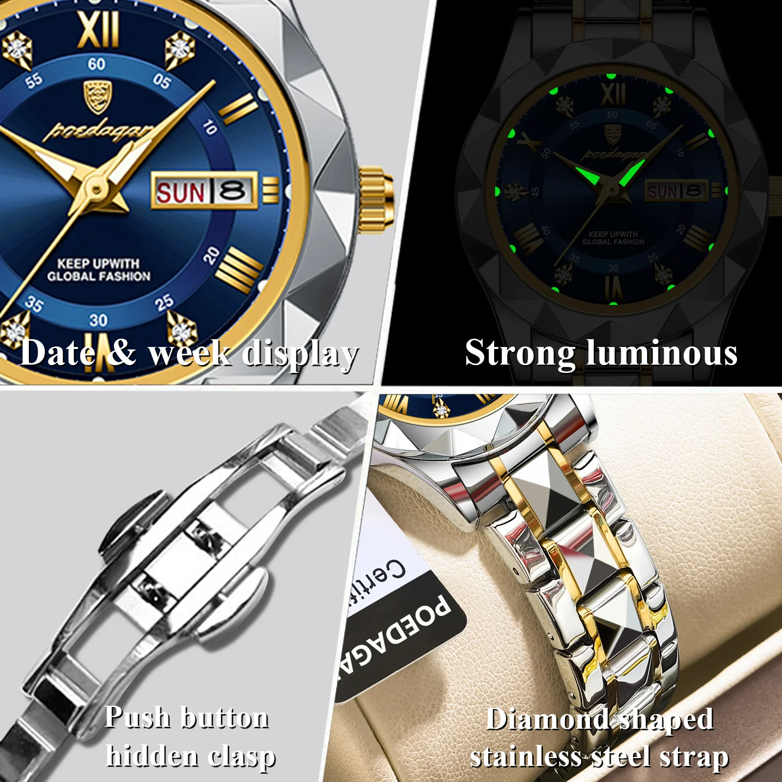 POEDAGAR, reloj elegante de lujo para mujer, reloj de pulsera luminoso resistente al agua con fecha semanal para mujer, relojes de cuarzo de acero inoxidable a la moda para mujer