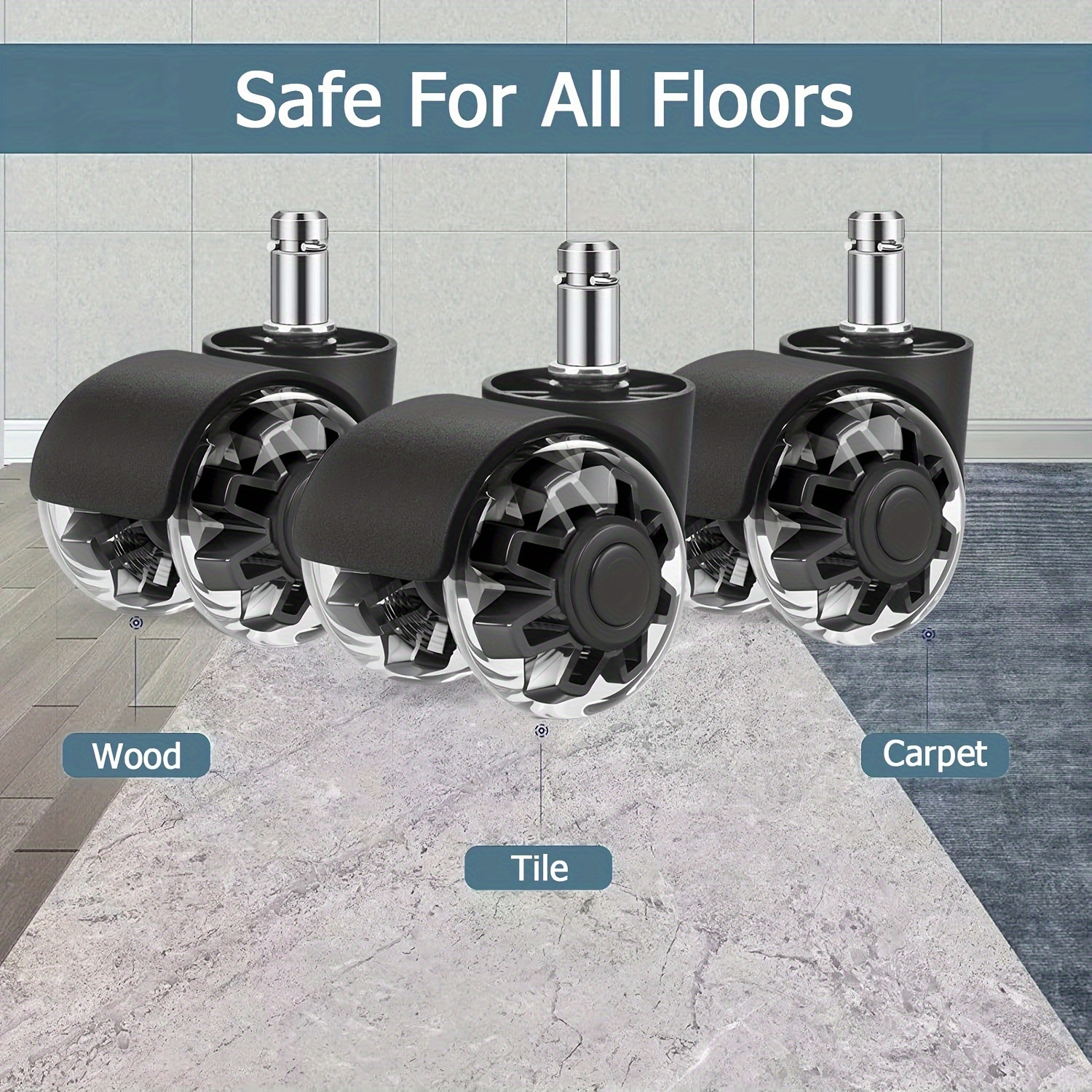 5pcs 2" Heavy Duty Gray PU Silent Swivel Stem Casters, Smooth & Durable Wheels for Office Chairs, Gaming Chairs