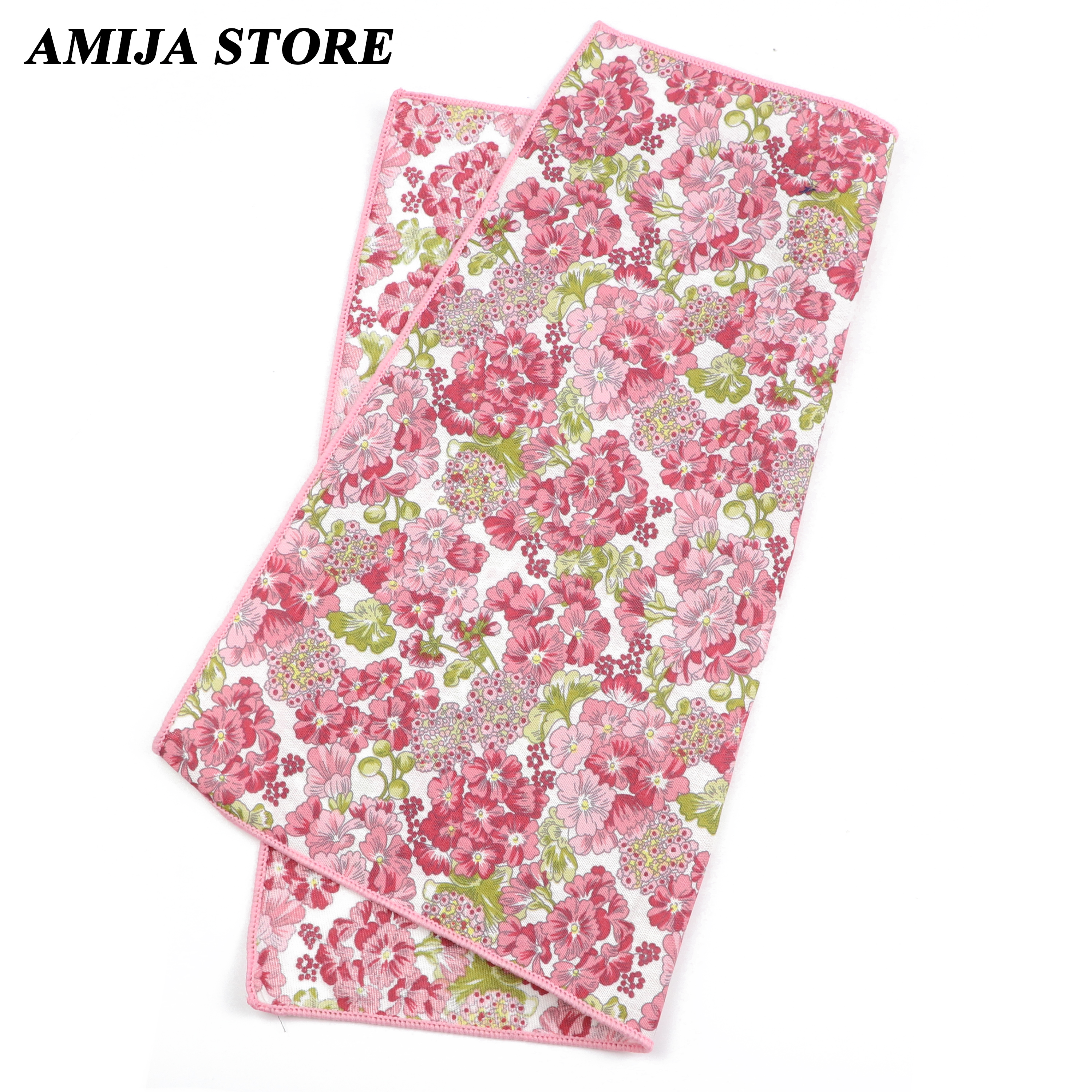 ผ้าเช็ดหน้าผ้าฝ้ายลายดอกไม้สำหรับผู้ชายน่ารัก25ซม. ผ้าพันคอสีชมพูสีแดงพิมพ์ลายเสื้อชุดปาร์ตี้งานแต่งงานของขวัญประจำวัน