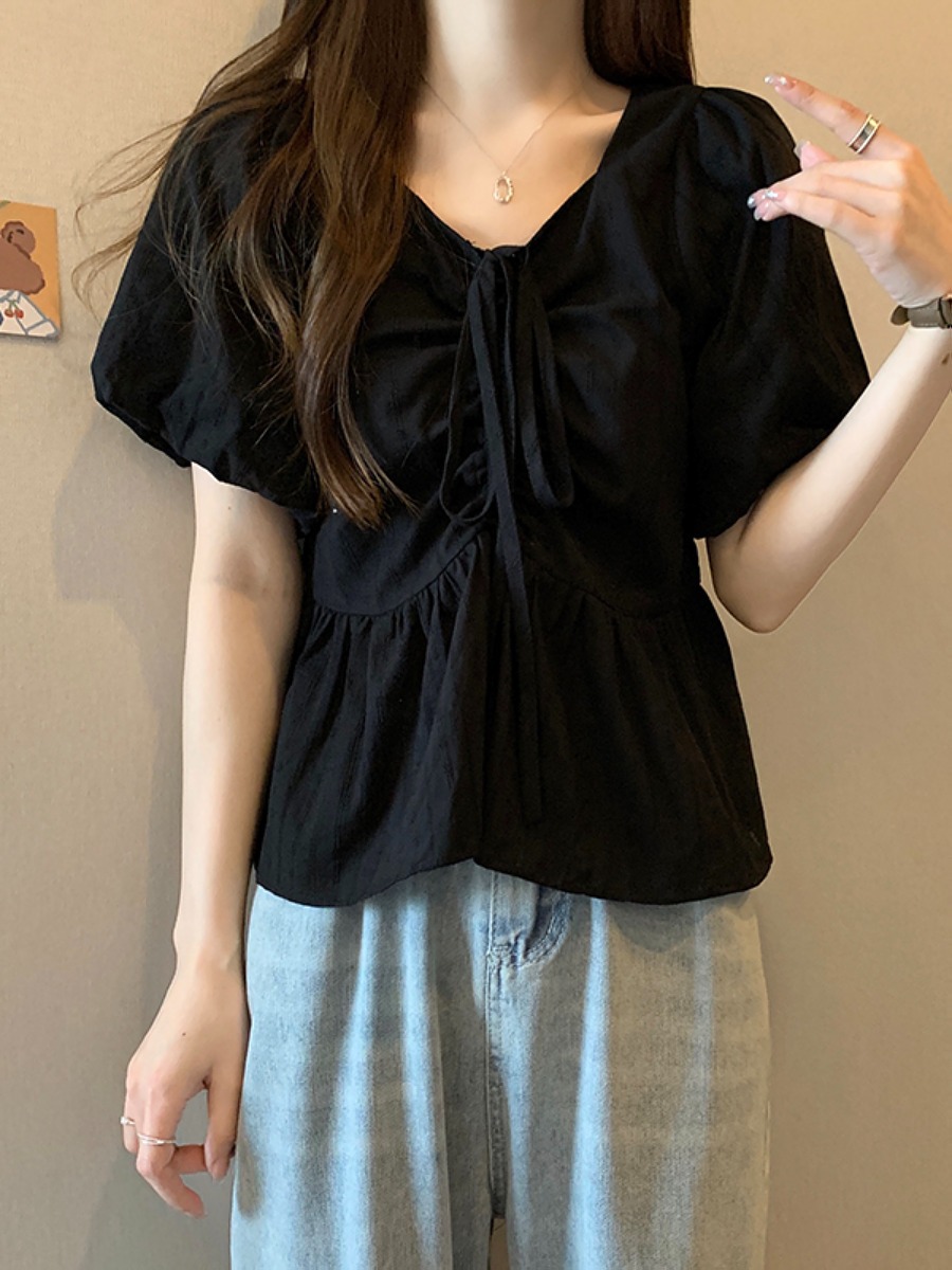 Csa Fena Plus Size de Cor Pura com Cinto e Mangas Curtas Psadas, Estilo Solto de Verão, Decote em V Versátil