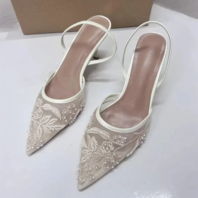 Sandalias de tacón abierto de malla de diseñador para mujer, zapatos con estampado de moda, zapatos de tacón alto con punta puntiaguda, zapatos de tacón de aguja sexis para mujer