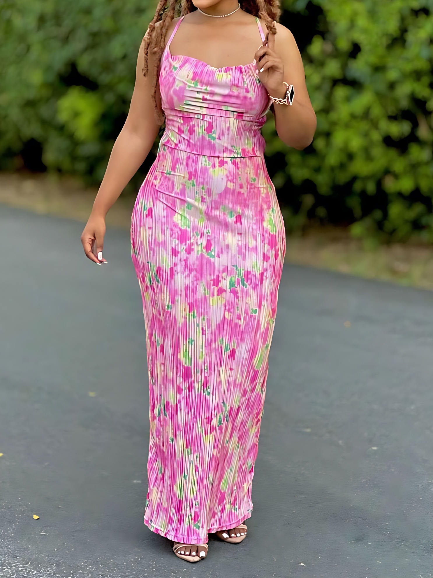 Damen-Plisseekleid mit Batikdruck, figurbetontes Sommerkleid mit Spaghettiträgern, Vestidos Casual Abnehmen, Damenbekleidung