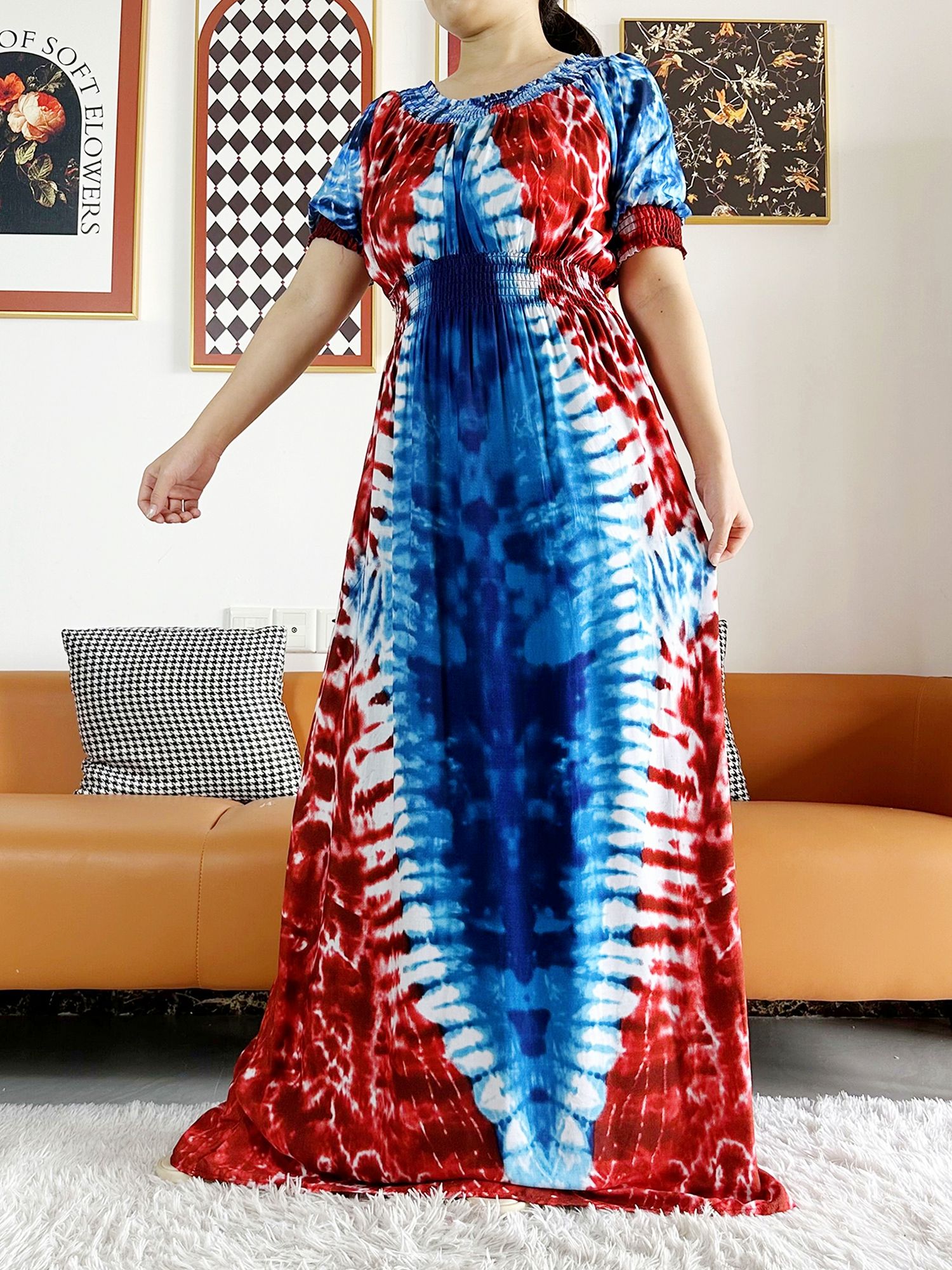 Vestido Dashiki de algodón con estampado Floral para mujer, ropa Africana holgada, manga corta, cintura recta