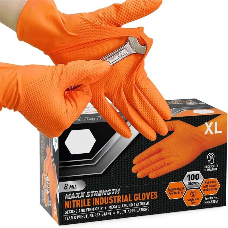 Guantes de nitrilo naranja de alta resistencia, guantes desechables industriales de 8 mil con agarre con textura de diamante para seguridad mecánica y guantes de trabajo