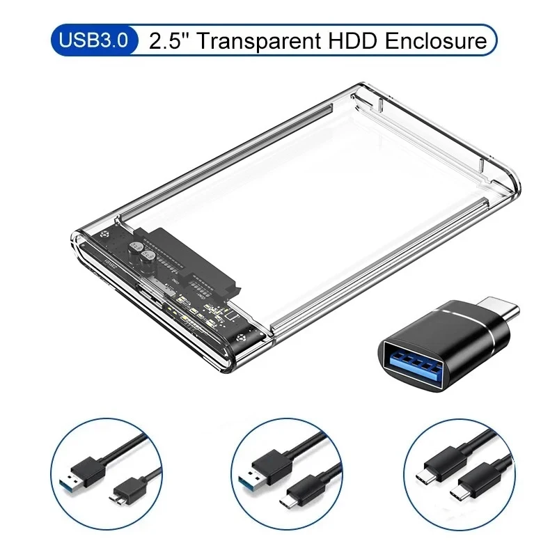 Caja HDD transparente, carcasa HDD de 2,5 pulgadas SSD SATA a USB 3,0 tipo C 3,1, adaptador portátil, caja de disco duro externo sin herramientas