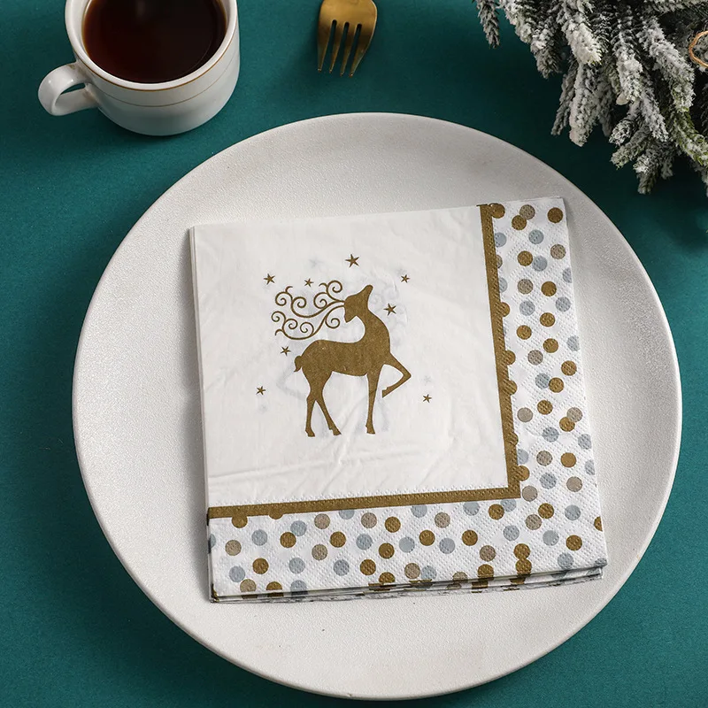 골든 엘크 골드 트리밍 물방울 무늬 프린트 흰색 종이 플레이스매트, 분위기 장식 종이, 2 겹 크리스마스 냅킨, 33cm, 10 개, 20 개