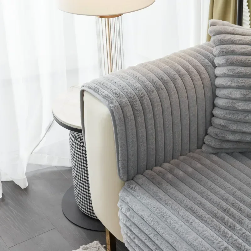Super Soft Rabbit Plush Quilted Sofa Towel Winter Warm Thick Plush Couch Cover L-shaped Sectional Anti-slip Sofa Cover