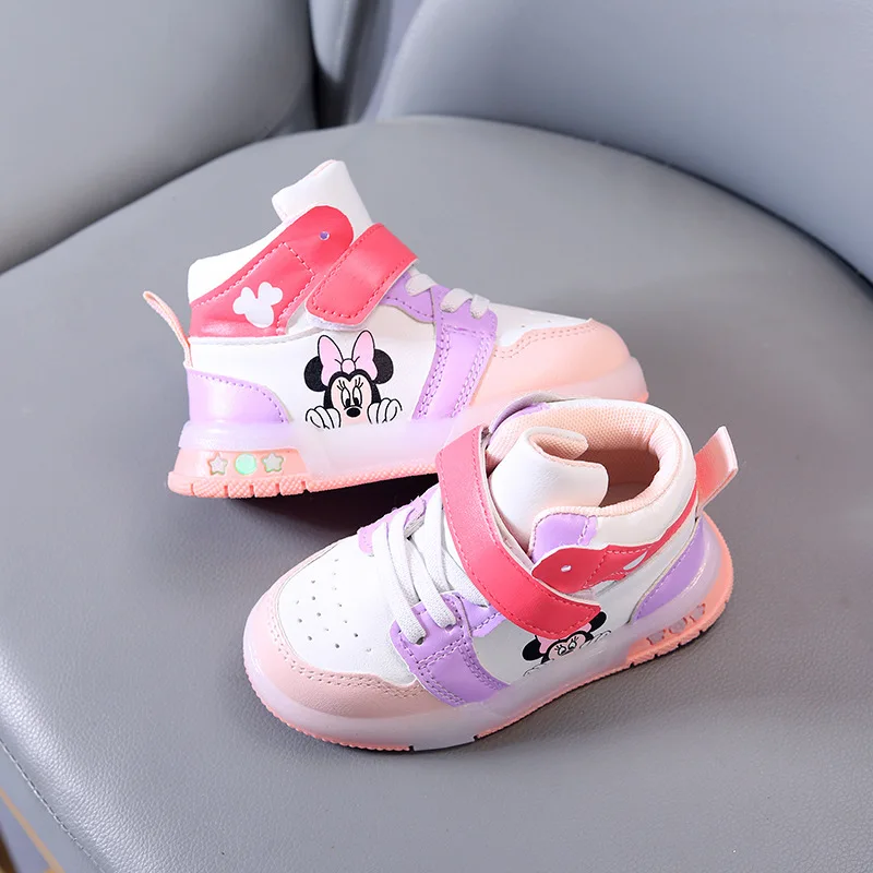 ディズニー ガールズ Causla シューズ PU レザー ミッキーマウス LED 発光子供スニーカー 1-6 歳の男の子のスポーツカジュアルシューズ