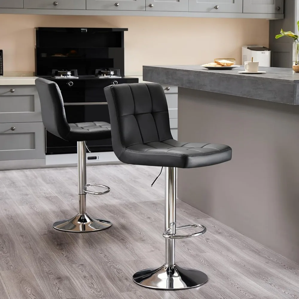 Set of 4,PU Leather Adjustable Swivel Barstools,Thickened Seat Cushion Square Island Barstools with Back, Black