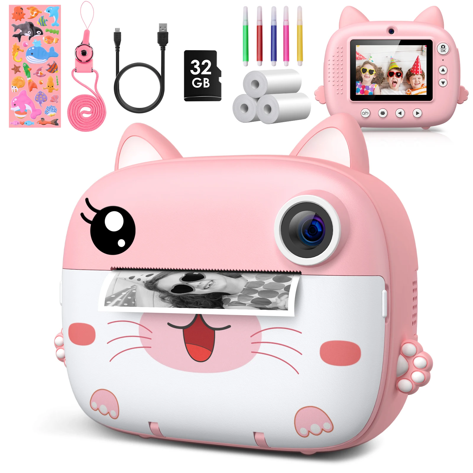 Caméra à impression instantanée pour enfants, 2.4 pouces, 1080P, numérique, Portable, dessin animé, avec carte de 32 go et 5 stylos de couleur