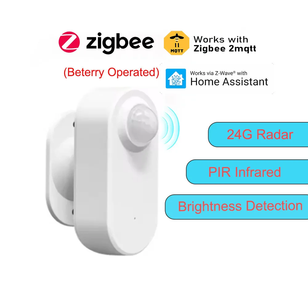 Sensor inteligente de presença humana zigbee, radar 24g mmwave + pir, detecção de iluminação, uso de bateria, suporte zigbee2mqtt, assistente doméstico