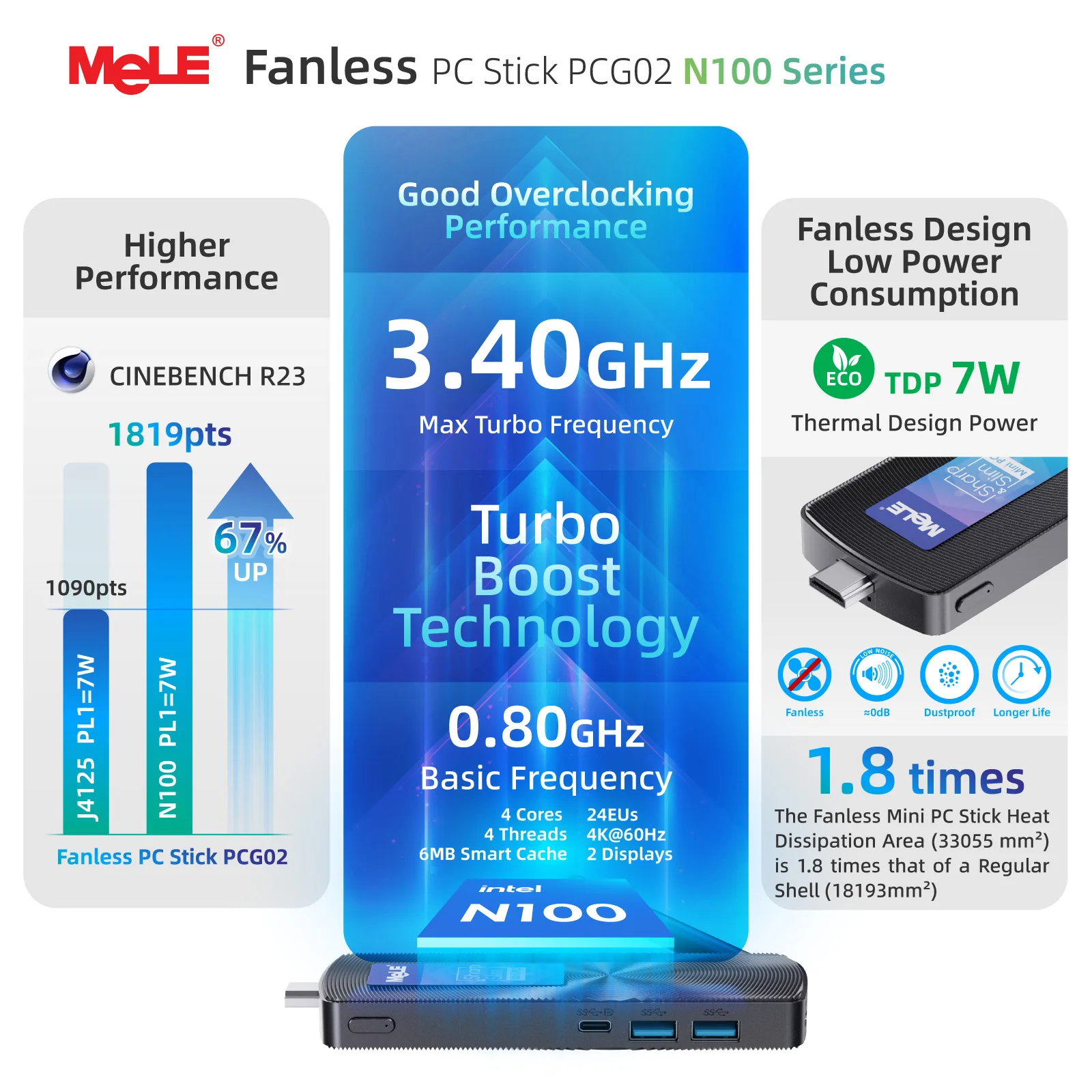 MeLE Fanless Mini PC Stick N100 8GB 256GB , Micro Computer Stick HDMI 4K Gigabit Ethernet,Wi-Fi5 PCG02