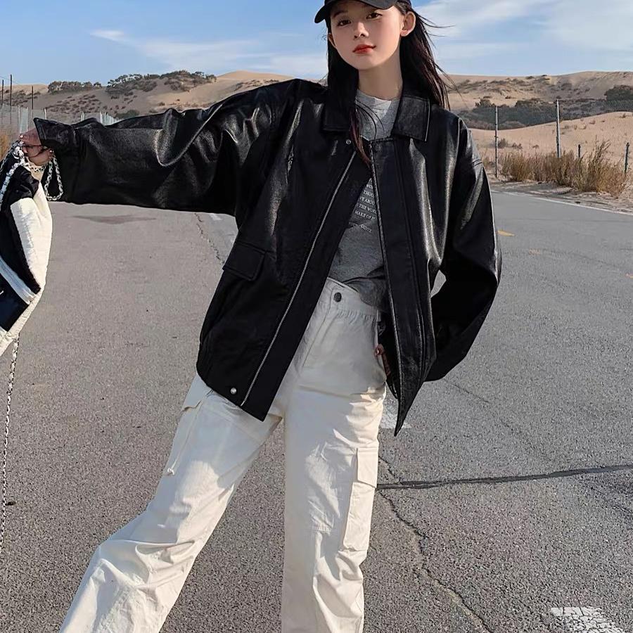 Retro Brown Leather Jacket Women's Hong Kong Sle New Spring Autumn High Loose American Retro Motorcycle Jacket Top