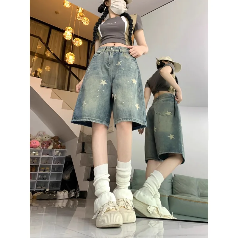 Jean ample à jambes larges pour femmes, imprimé Floral, décontracté, nouveau Design étoile rétro américain, jambe droite, confort, short en Denim doux et extensible