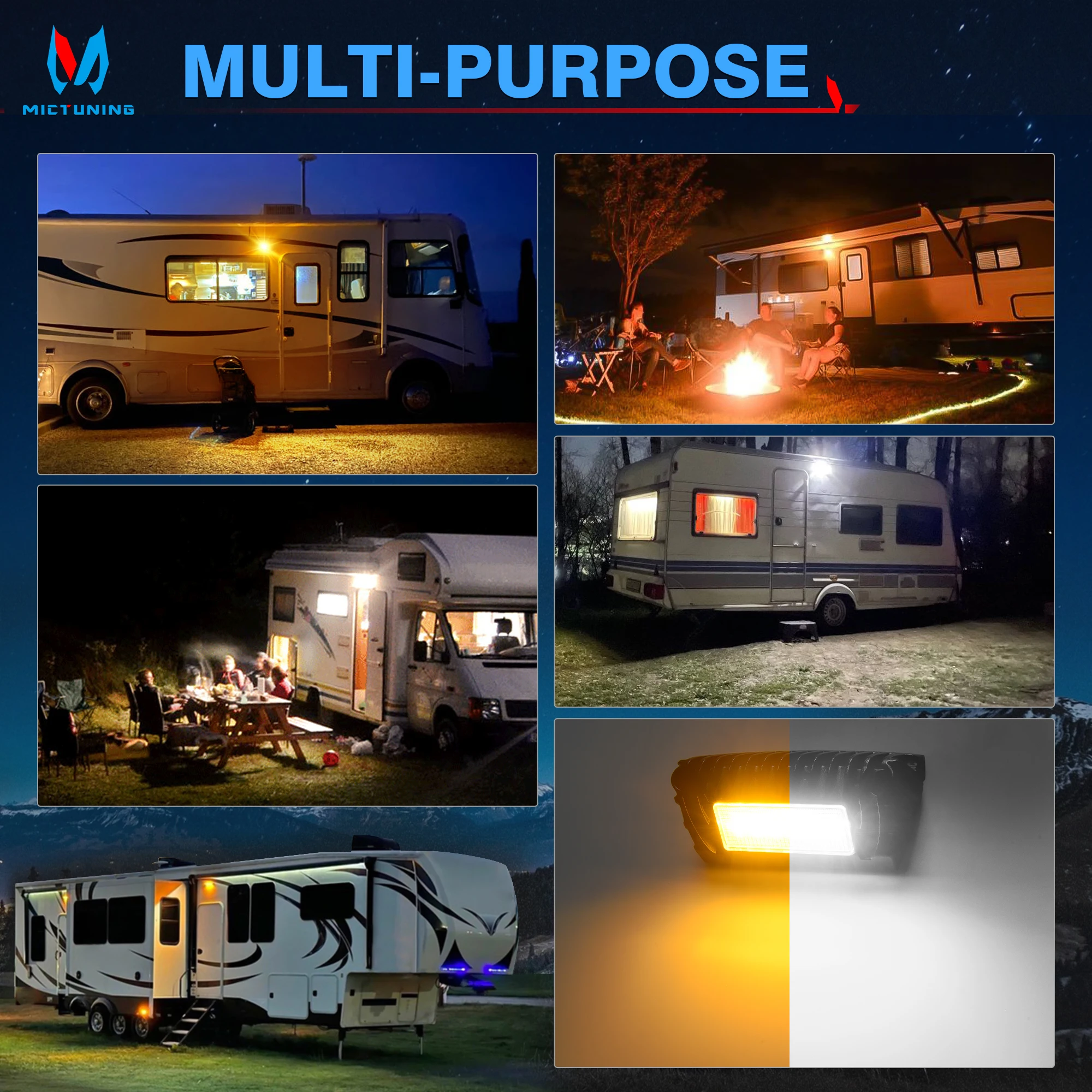 MICTUNING 2 PCS Zewnętrzne oświetlenie ganku LED do pojazdów kempingowych, białe bursztynowe światło użytkowe 1500 lumenów Oświetlenie zamienne do przyczep kempingowych