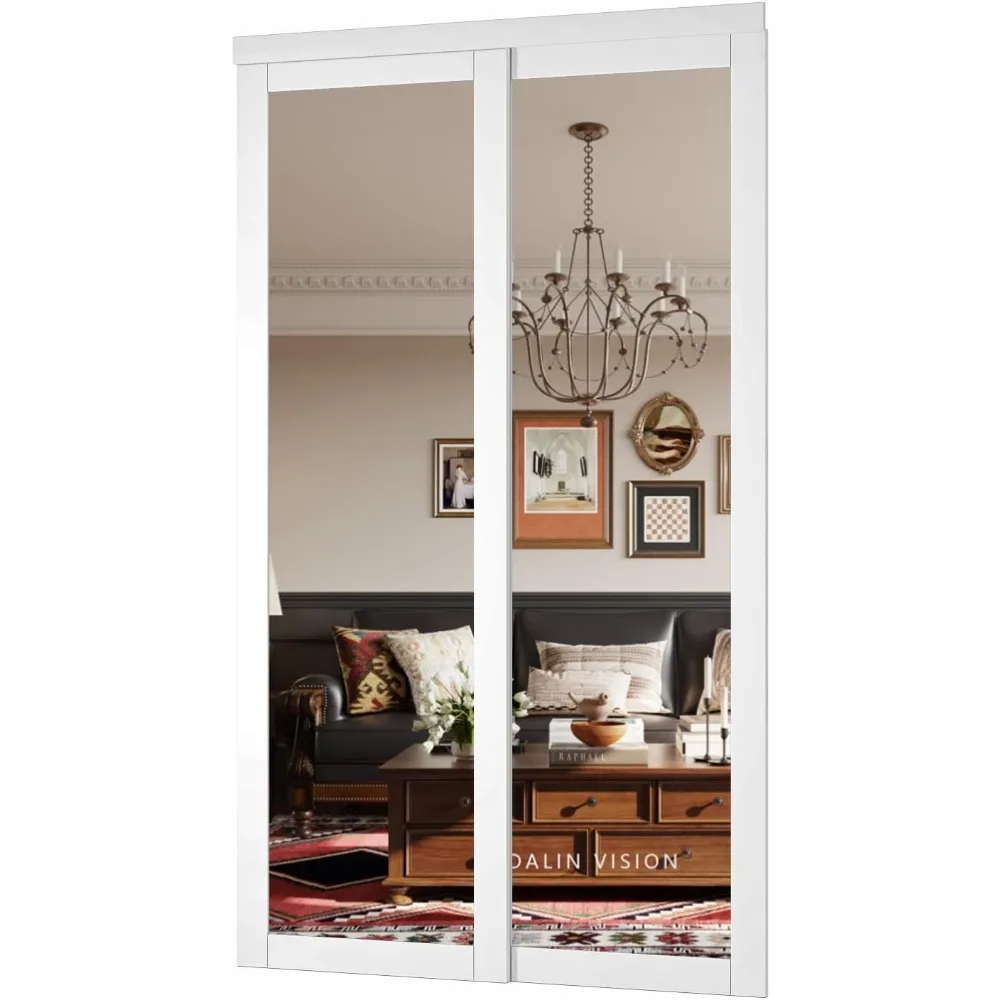 Sliding Closet Door, 48''(Double 25") X 80", 1-Lite Mirror Sliding Door with Hardware Track Kit & Floor Guide, Sliding Door