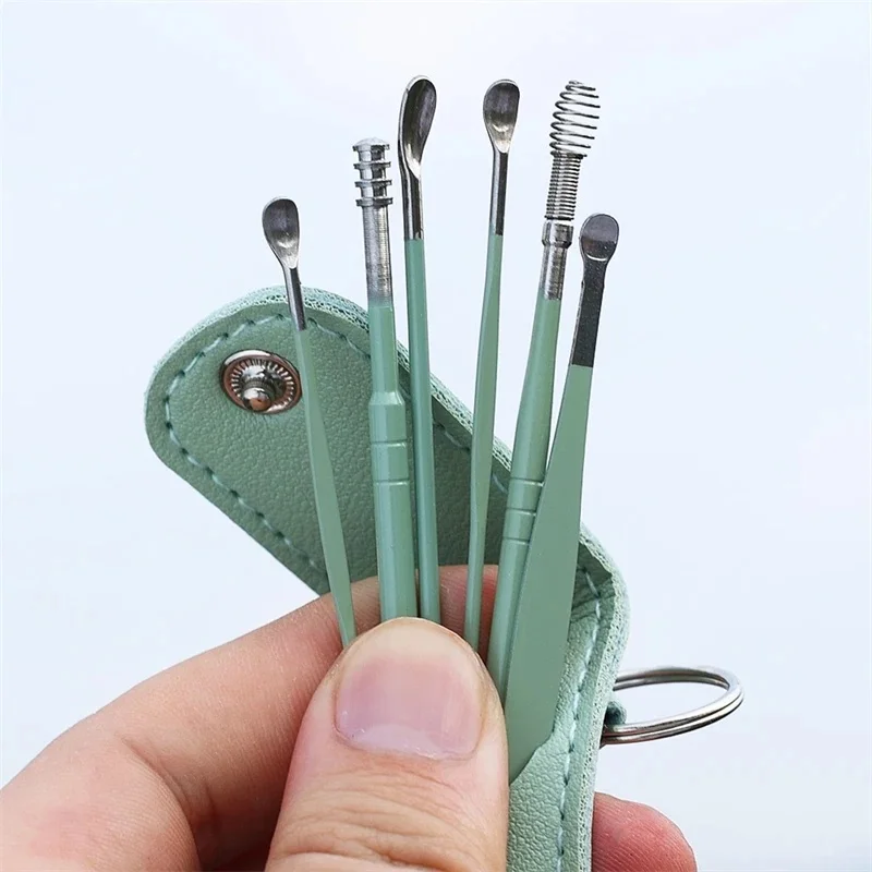สแตนเลสสตีลหูขุดช้อนหนัง 6 PC ทําความสะอาด Scoop Double-Headed เกลียวทําความสะอาด Health Care หูหยิบชุดเครื่องมือ
