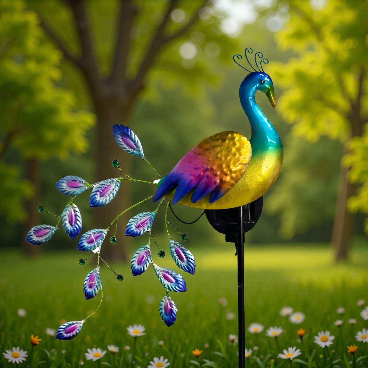 Decoración de césped de pavo real de Metal con luces LED solares, adorno de jardín, decoración al aire libre, escultura decorativa de paisaje