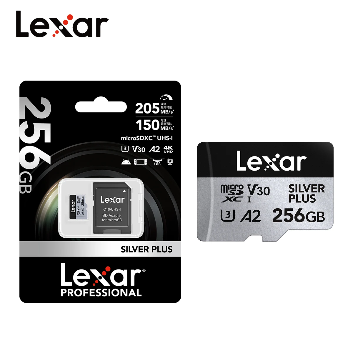 Карта памяти Lexar SILVER PLUS, 64 ГБ, 128 ГБ, 256 ГБ, скорость чтения до 205 Мб/с, A2 V30 4K UHD TF 1366x, профессиональная карта Micro SD