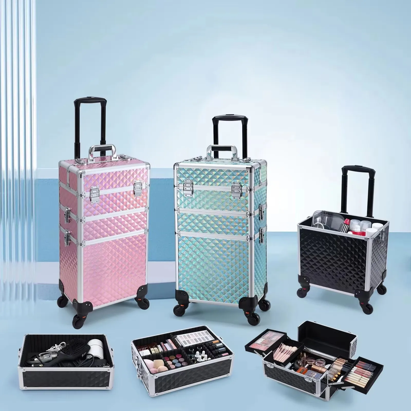 Rollender Make-up-Koffer, 3-in-1, abnehmbarer Make-up-Koffer, Kosmetik-Koffer auf Rädern, großes Fassungsvermögen, abschließbarer Make-up-Wagen für den Salon