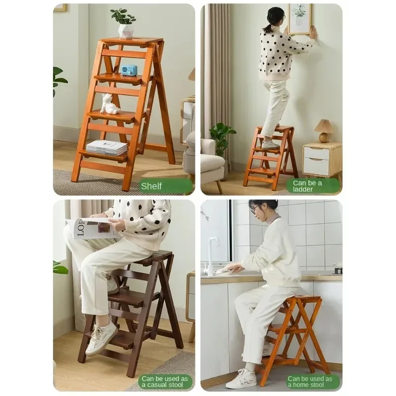 家庭用無垢材折りたたみ式はしご椅子、二重使用スツール兼はしご、室内多機能階段（昇降・ペダリング用）