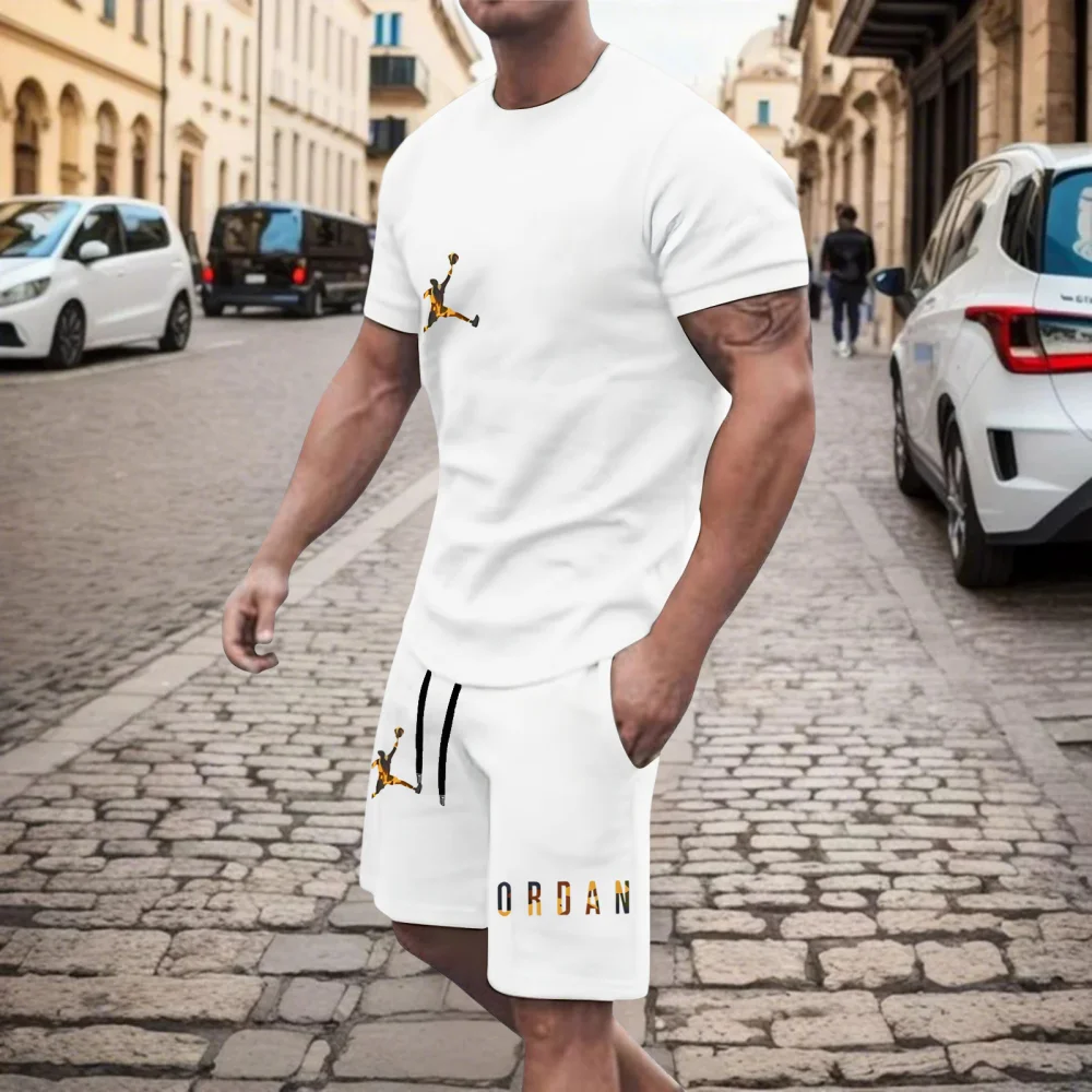 Neue modische Freizeitkleidung für Herren, Sommersport, Rundhals-Kurzarm-T-Shirt und atmungsaktiver Anzug mit Kordelzug und Shorts