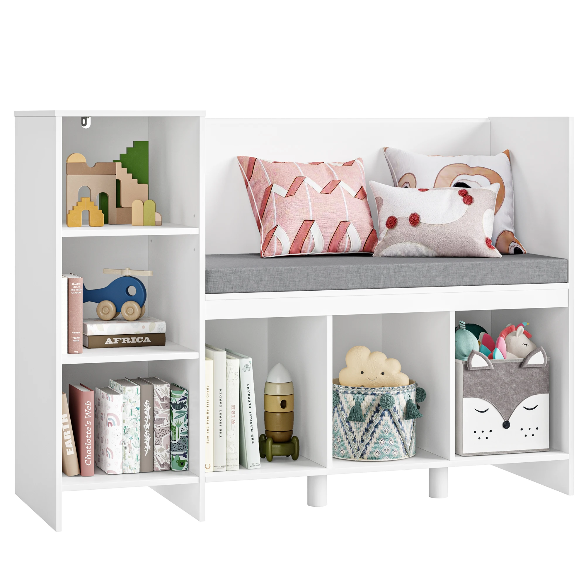 Estante para niños, estante para juguetes de 110 cm, habitación para niños con almohada y 6 estantes, banco para asiento infantil, almacenamiento de juguetes para niños