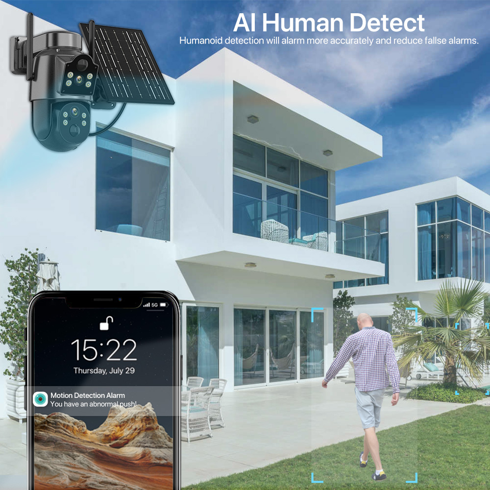 Telecamera PTZ esterna Batteria incorporata Telecamera WiFi da 4 MP Pannello solare Rilevamento corpo PIR da 7,6 W Telecamera di sicurezza impermeabile IP66 iCsee