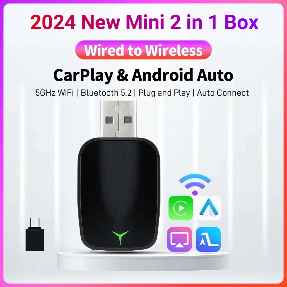 Nuevo Cable a inalámbrico Carplay Android 2 en 1 adaptador automático dispositivo para coche caja inteligente Plug and Play 5Ghz Wifi conexión rápida
