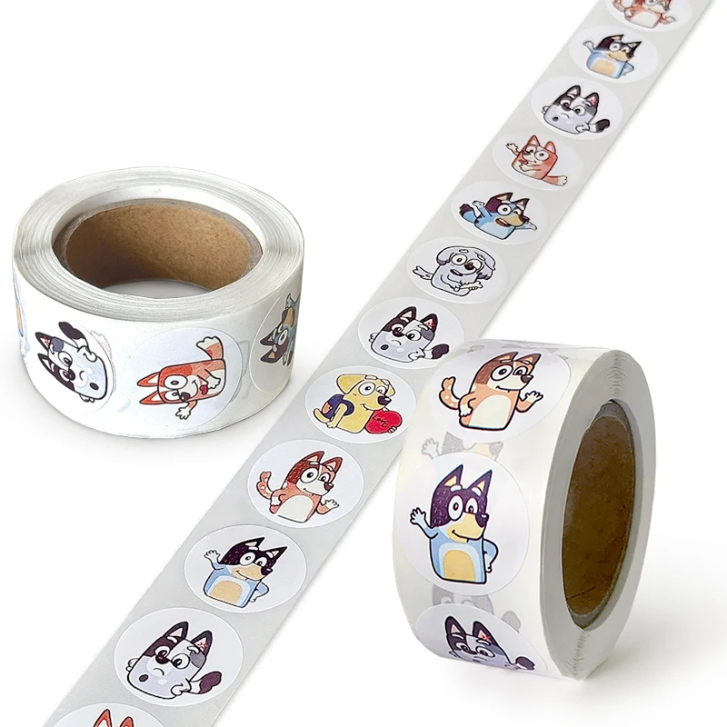 Pegatinas de Bingo Bluey, accesorios, 500 hojas/rollo, pegatinas redondas de dibujos animados, cuenta de mano, decoración para diario, juguetes para niños