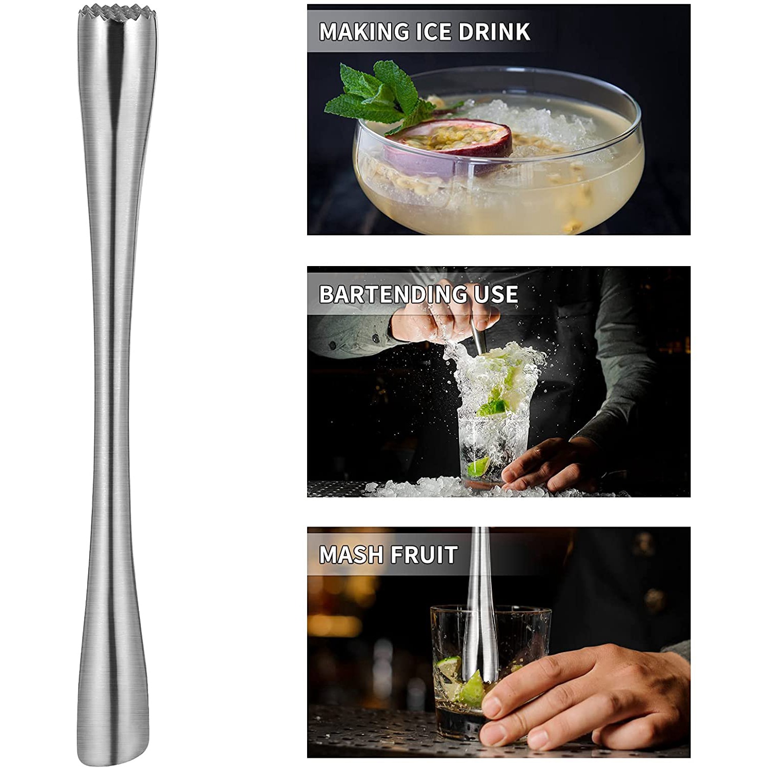 Cocktail Muddler Stainless Steel Lemon Masher Cocktail Muddler Ice Masher for Fresh Fruit Spice Ice Bars Tools 26 cm