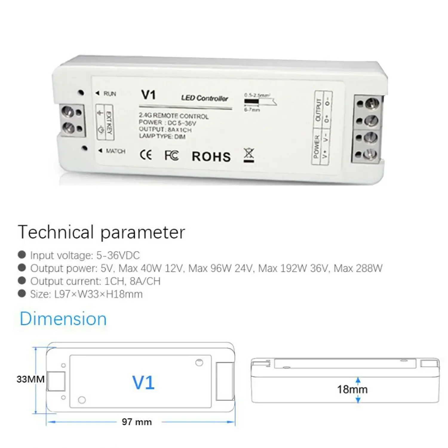 DC 5V 12V 24V 36V LED Dimmer for Single Color Strip Light V1 RF Dimming Controller with 2.4G Touch Panel Switch Remote Control