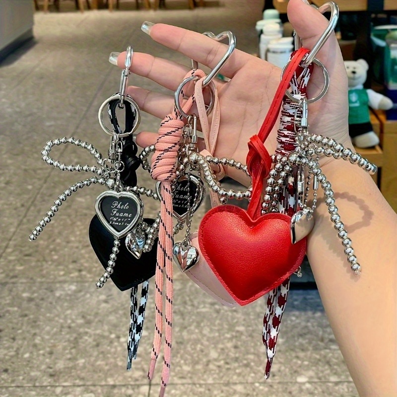 Trendy Leather Heart Bow Keychain Delicate Beaded Keyring Car Key Holder Bag Pendant Decoration For Girls Gift
