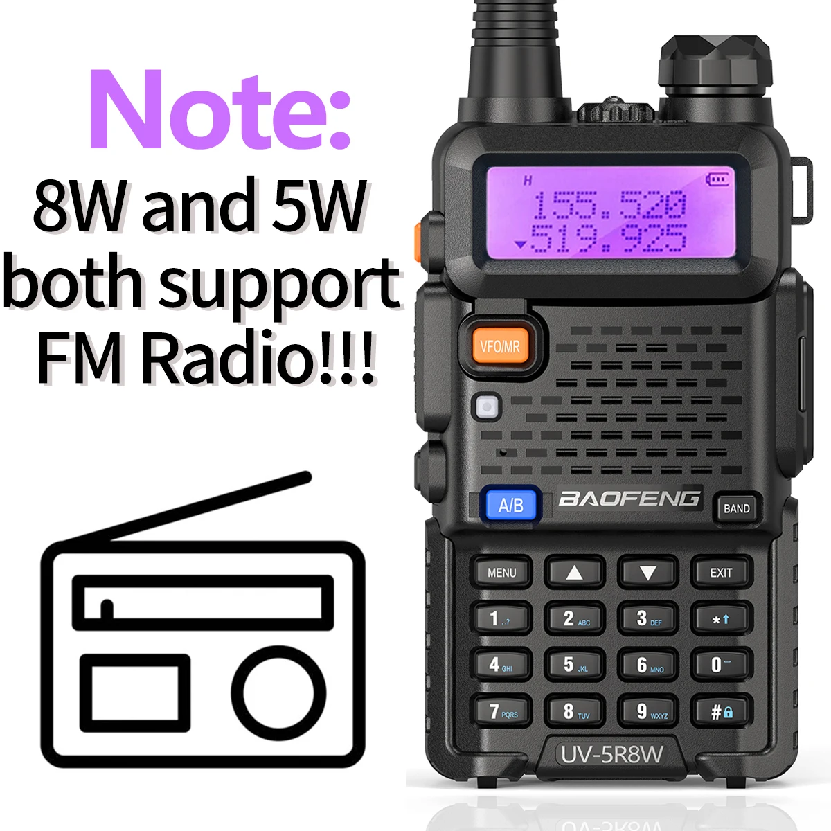 Baofeng UV5R True 8W Portable Walkie Talkie Long Range VHF/UHF Dual Band  Rechargeable Two Way Radio Amateur for Camping Hunting