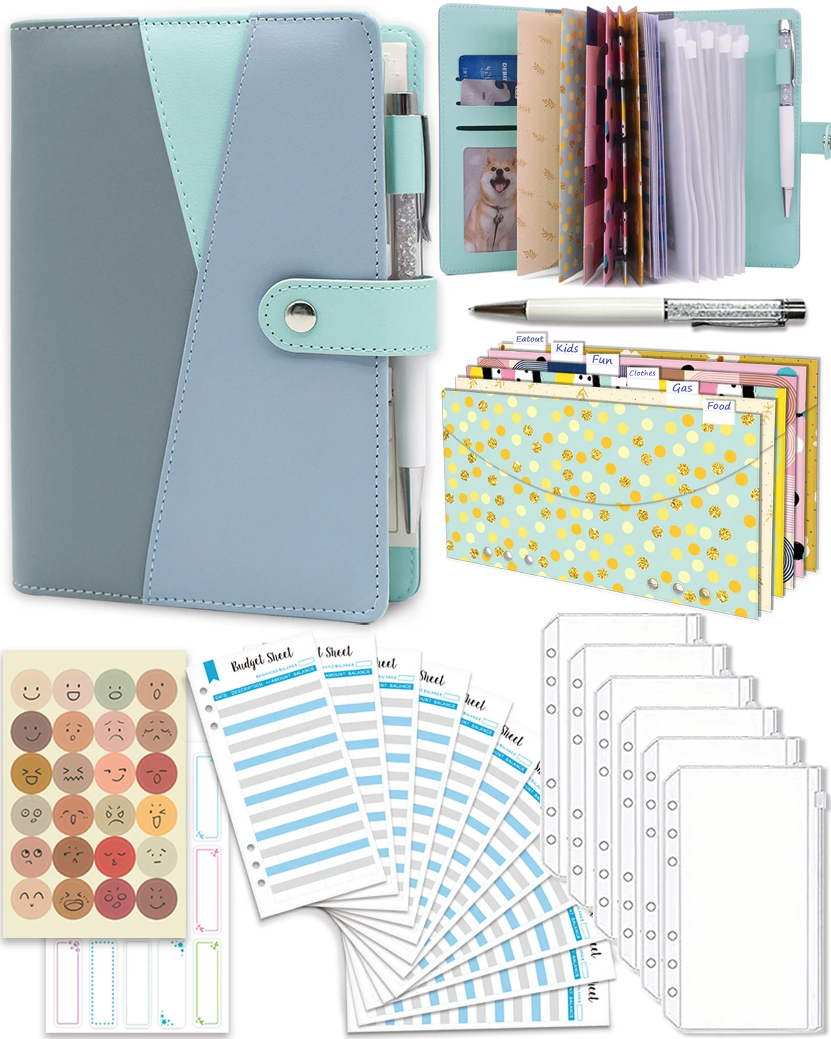Budget Binder with Zipper Envelopes, Cash Envelopes with Budget Sheets, PVC Pockets, Cash Envelopes, Stickers & Pen
