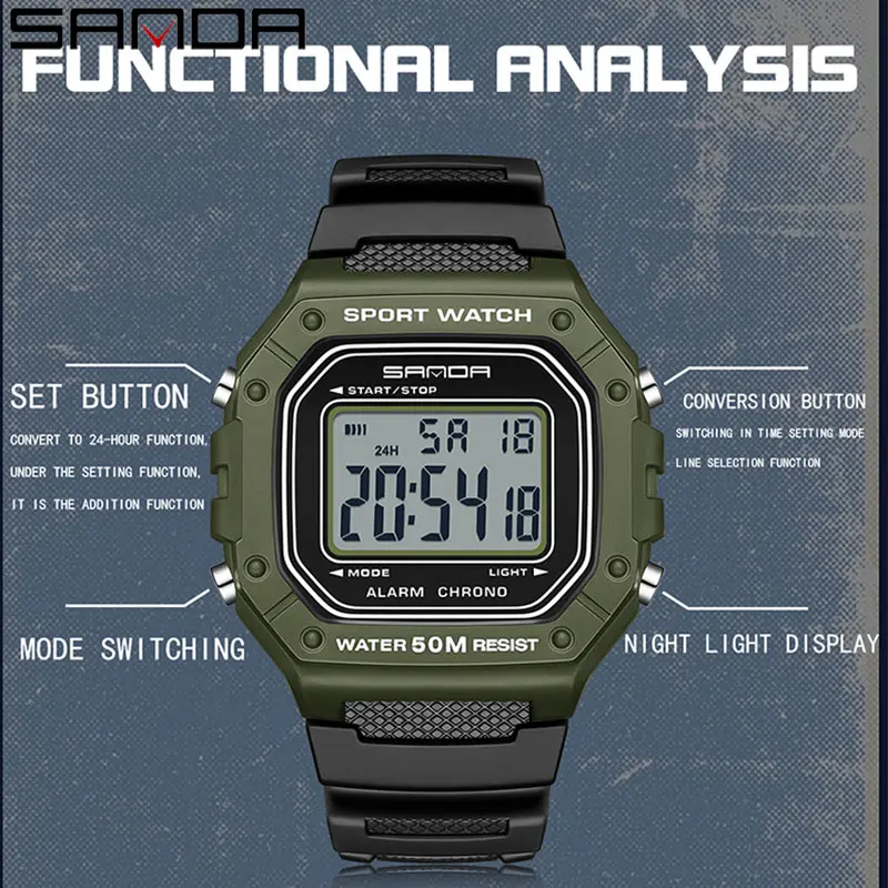 SANDA 2156 Mode Herenhorloge Militair Waterbestendig Sporthorloges Leger Grote Wijzerplaat Led Digitale Horloges Stopwatches Voor Mannelijke