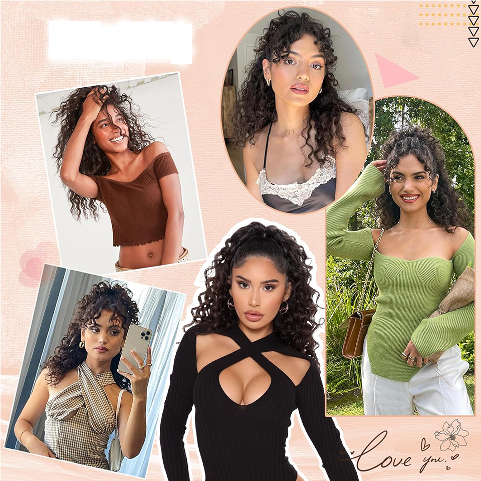 Sylhair 巾着ポニーテールエクステンション 黒人女性用 24 インチ 合成ロングカーリーポニーテール 日常使用用 ふわふわヘアピース