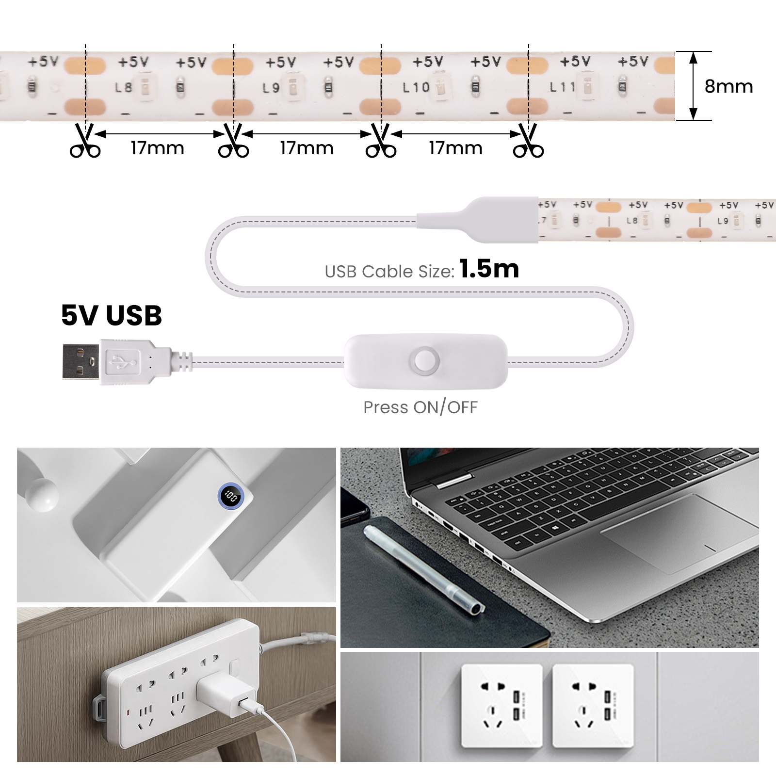 Fita LED USB 5V com interruptor dimmer 2835 60LEDs Fita LED flexível à prova d'água com interruptor ON OFF para luz sob a luz do armário