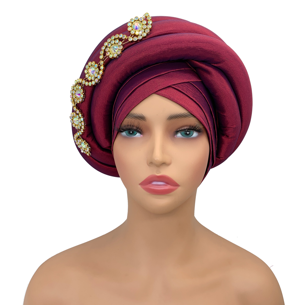 Gorro turbante trenzado para mujer, envolturas para la cabeza para mujer africana, diamantes, Nigeria, seda cruda, Autogele, sombrero musulmán, sombrerería de fiesta
