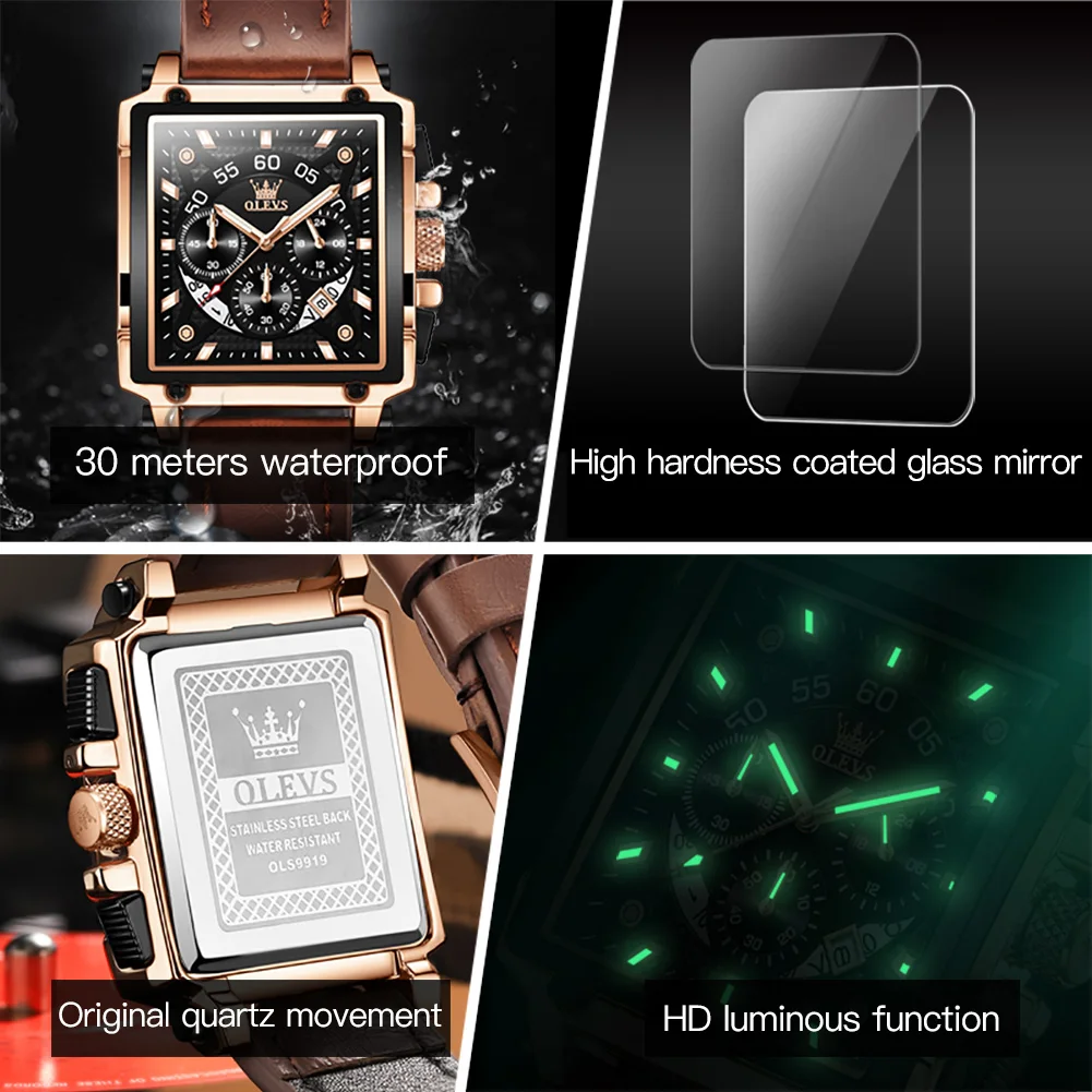OLEVS, reloj de lujo para hombre, reloj cuadrado resistente al agua para hombre, reloj de pulsera luminoso de cuarzo de la mejor marca, reloj de moda para hombre, reloj de lujo original