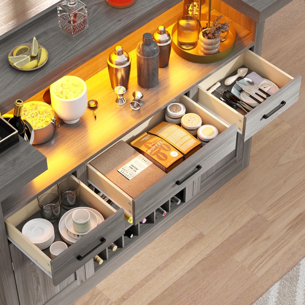 Bar Table Cabinet with LED & 3 Drawers,Liquor Bar with Adjustable Storage Shelves & Stemware Holders,Crescent Shaped Counter