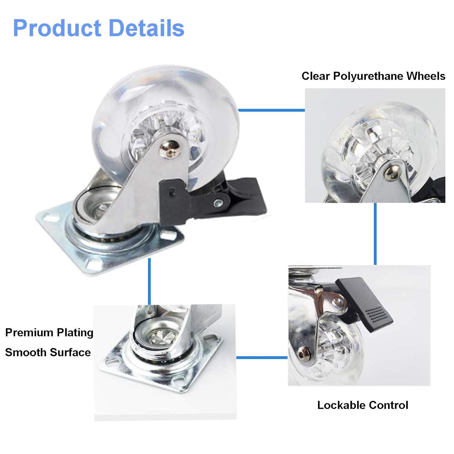 Swivel Caster Wheels 3 Inch,Heavy Duty Casters Set of 4 with Brake,800Lbs Clear Polyurethane Furniture Wheels for Workbench
