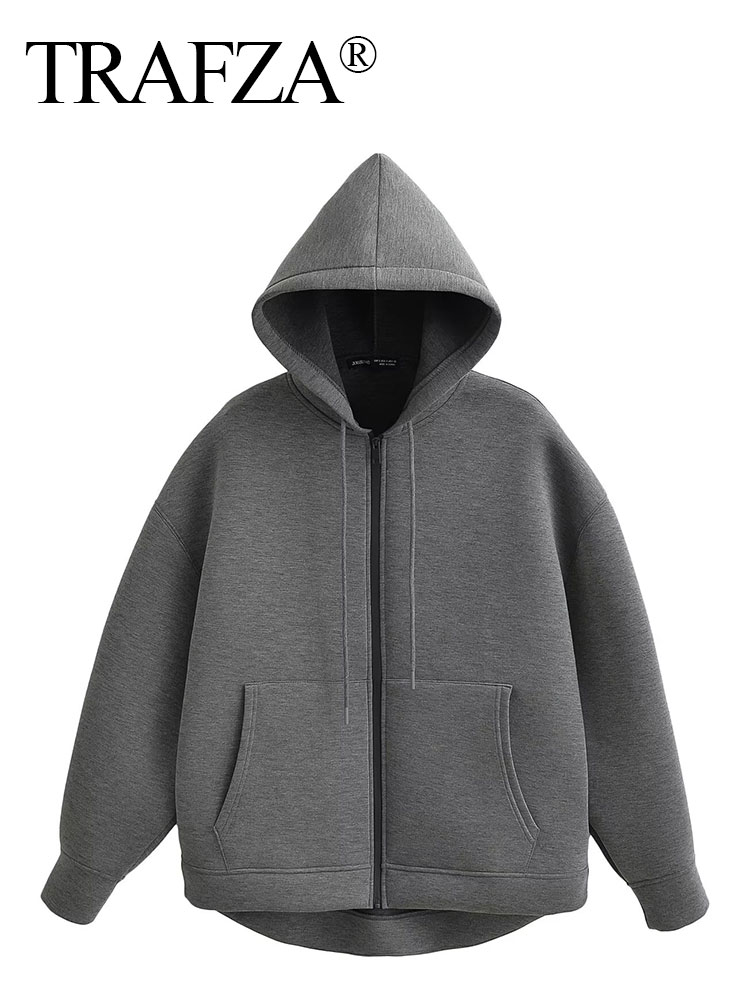 TRAFZA Herbst Frauen Grau Jacke Mit Kapuze Langarm Große Tasche Zipper Jacke Mantel Frau Lose Beiläufige Oberbekleidung Mantel Tops