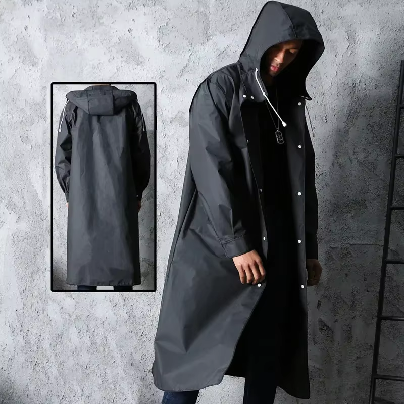 Moda preto adulto blusão estilo impermeável longo capa de chuva das mulheres dos homens com capuz ao ar livre motocicleta, bicicleta, caminhadas, pesca
