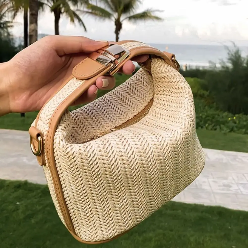 Bolsa crossboêmia de palha feminina, bolsa de tricô pequena, bolsa de vácuo para praia, nova para verão