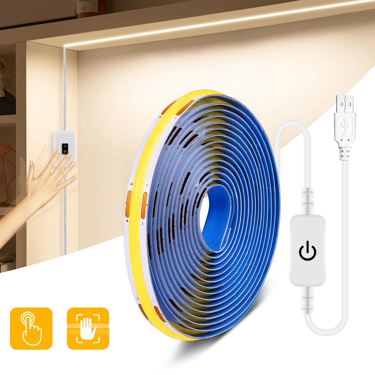 DC5V USB COB LED Light Strip With Hand Sweep Sensor / Dimmable Touch Sensor Switch / Push Switch For Living Room Closet Lighting